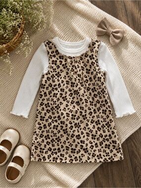 Leopard-Print Pinafore Dress with White Ribbed Top